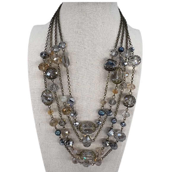 Signed Sweet Lola Bronze Tone Multi Chain Faceted Crystal Bead Necklace - Picture 1 of 10